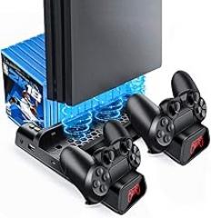 PS4 Slim Pro Controller Charger Vertical Stand Cooler, Likorlove Multifunctional Cooling Holder Charging Station with LED Indicators 10PCS Games Storage Dock Compatible for Playstation 4