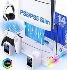PS5/Slim Cooling Station Compatible with Playstation 5 , PS 5 Accessories Vertical Stand Incl. Dual Controller Charger, 3 Levels Cooling Fan,Colorful Light,Headset Holder,14 Game Slot for Wii Case Storage