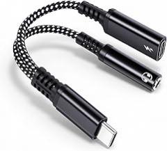 USB C to 3.5mm Headphone and Charger Adapter, 2 in 1 USB C to Aux Audio Jack Adapter with PD Fast Charging Dongle Cable for Type C Phone Most Electronic Devices (Black)