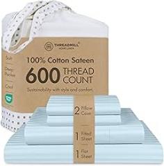 Threadmill 100% Cotton Sheets for Queen Size Bed - 600 Thread Count Queen Bed Sheets Set with 16” Deep Pocket - Damask Stripe Sateen Weave 4-Piece Bedding Set with Cooling Effect, Blue