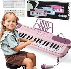 37 Keys Keyboard Piano for Kids, Pink Portable Music Toy for 2 Years Old Girls, Early Learning Educational Electronic Musical Instrument First Birthday Gifts for Toddler Aged 3 4 5 6 7 8 9