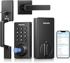 Philips Wi-Fi Smart Door Lock Deadbolt with Handle Set, Keyless Entry Door Lock for Front Door Set, Portable Fingerprint Door Lock with App Control, IP53 Waterproof, Auto Lock, Alexa Voice Control