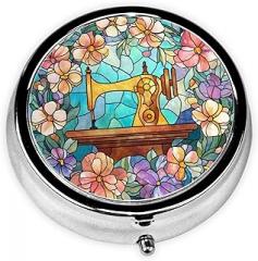 Vintage Sewing Machine Flowers Stained Glass Round Pill Case, Portable Pill Box for Pocket Metal Medicine Vitamin Organizer 3 Compartment Three Times A Day