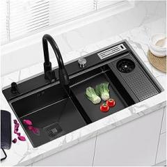 Waterfall Stepped Sink With Single Slot And Cup Washer Kitchen 304 Stainless Steel Vegetable Washing Basin Under The Table(82X45 B black 1)