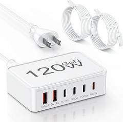 USB C Charger Block,120W GaN 6 Port Type C Fast Charging Station Hub,5FT Cord USB C Wall Charger Adapter Plug for iPad, iPhone 17, 16, 15, 14, 13, 12 Pro Max, Pixel, Galaxy and More