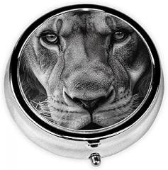 Lion Head Black and White Round Pill Case, Portable Pill Box for Pocket Metal Medicine Vitamin Organizer 3 Compartment Three Times A Day