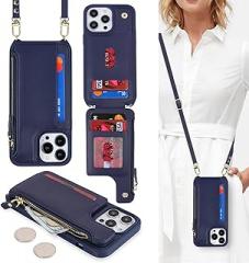 Cavor for iPhone 14 Pro Wallet Case with Card Holder for Women,for iPhone 14 Pro Case with Strap,Crossbody Lanyard and Wristlet Zipper Pocket Phone Cover-Blue