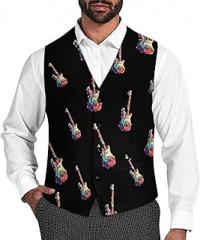 Generic Colorful Electronic Guitar Casual Men's Business Suit Vest Slim Fit Formal Dress Waistcoat Vests