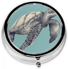 Simple Sea Turtle Round Pill Case, Portable Pill Box for Pocket Metal Medicine Vitamin Organizer 3 Compartment Three Times A Day