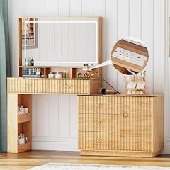 57“Makeup Vanity Desk with Mirror and Lights, Vanity Desk with 5 Drawers & Storage Shelves, Vanity Table with Power Outlet, 3 Color Modes & Adjustable Brightness Dressing Table, Bedroom,Oak