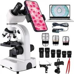 Binocular Microscopes,40x-2400x Compound Biological Microscopes with W/Electronic Eyepiece/3 Objective Lens/Phone Adapter,Metal-Body Dual Led Illumination-for Students Adults,White