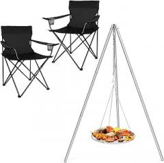 Joyfair Campfire Camping Tripod Grill Grate(17” Dia.) & Portable Camping Chair, Heavy Duty Stainless Steel Openfire Tripod with Over Firepit Rack Camp Equipment, Outdoor Lawn Folding Chairs for Adults