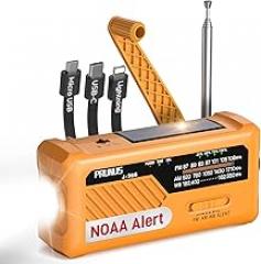 PRUNUS J-366 Winter Storm-Ready Emergency Radio- NOAA Weather Alert, 3-in-1 Charging Cables, 5-Way Power(7400mWh/AAA Battery/Hand Crank/Solar/USB-C), AM/FM, SOS Alarm, Flashlight, Compact for Bag