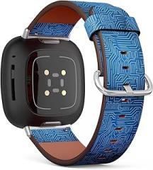 CJBROES Replacement Leather Watch Band, Compatible with Fitbit Versa 3 and Fitbit Sense of Wristband Bracelet Accessory - Blue-Dark-Electronic-Plate