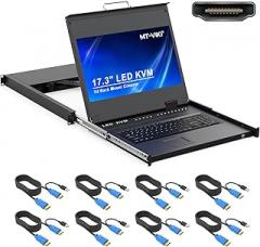 MT-VIKI® KVM Rack Mount HDMI with 17.3'' LCD Monitor, 1080P@60Hz Support OSD/Hotkey, Included 8 KVM Cables+Keyboard + Touchpad, Fit 1U 19'' Rack, Mount Depth 23.6-31.8