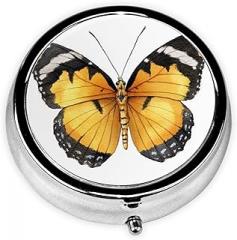 Watercolor Simple Butterfly Round Pill Case, Portable Pill Box for Pocket Metal Medicine Vitamin Organizer 3 Compartment Three Times A Day