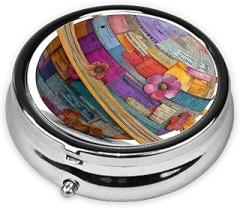 Whimsical Saturn Planet Newspaper Patches Round Pill Case, Portable Pill Box for Pocket Metal Medicine Vitamin Organizer 3 Compartment Three Times A Day