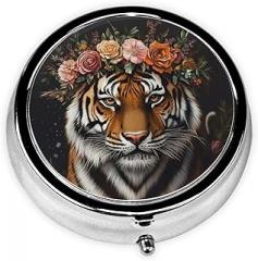 Tiger with Floral Crown Round Pill Case, Portable Pill Box for Pocket Metal Medicine Vitamin Organizer 3 Compartment Three Times A Day