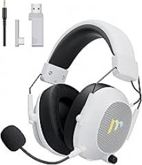 Mytrix Tac Master 2.4GHz Wireless Gaming Headset with Noise Canceling Microphone for PC, PS4, PS5, Mac, Bluetooth 5.3 Gaming Headphones with RGB Light, Surround Sound, 50H Battery (White)