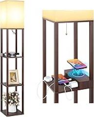 Mlambert Modern Shelf Floor Lamp with Wireless Charger & Fast Charging USB Ports & Type C Port & 2 Power Outlets,3 Tier Storage Lamp for Bedroom,Brown