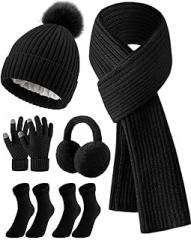 Geyoga 6 Pcs Winter Warm Set for Women Warm Beanies Hats Touchscreen Gloves Long Scarf Ear Muffs Socks Winter Gifts for Women