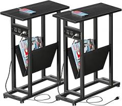 Narrow Side Table Set of 2 with Charging Station, Skinny Side Tables with Storage, Slim End Tables for Small Spaces with USB Ports for Living Room, Bedroom, Black