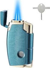 Double Torch Butane Lighter with Punch, Jet Windproof Lighter with Keyhole, Refillable and Adjustable, Great Gift for Men and Women, Sold Without Butane(Blue)