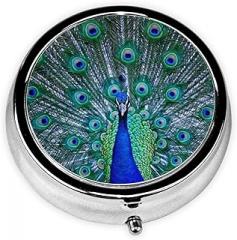 Men Women Round Pill Box Medicine Pill Case, Peacock Feather with Eye Birds Portable Medicine Tablet Vitamin Holder Organizer for Purse Pocket Travel Gift
