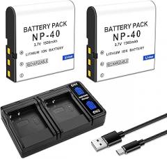 2-Pack NP-40 Battery with USB Dual-Channel Charger Compatible for Casio NP-40 Kodak LB-060,GE GB-60 Exilim EX-Z400, Exilim EX-FC100, Exilim EX-FC100WE, Exilim EX-FC150, Exilim EX-FC150BK 3.7V 1500mAh