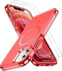 SPIDERCASE Magnetic for iPhone 12 Case/iPhone 12 Pro Case, with [2 Pcs Tempered Glass Screen Protector] Compatible with Magsafe Shockproof Military Protective Cover for iPhone 12/12 pro (Red)