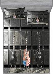 Ambesonne American Flag Fitted Sheet & Pillow Sham Set, Black and Us Bass Guitar Electronic Rock Music Theme Digital Graphic Work, Decorative Printed 3 Piece Bedding Decor Set, Full, Charcoal