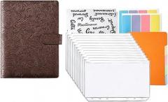 GPAHRRDNIJ Zipper Bag Macaron Notebook Leather Budget Ledger Letter Label Notebook Set Dot Spiral 7x10 (Brown, One Size)