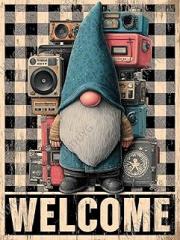 Funny Gnome with Vintage Electronics Tin Sign – Vintage Metal Wall Decor for Front Porch Entryway Wall Living Room Gnome Lovers Gift 8x12 Inch