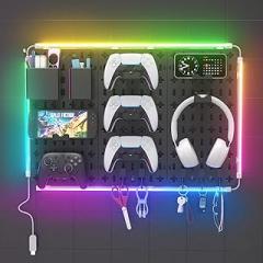 KDD Wall Organizer Peg Board - 7 in 1 Gaming Pegboard Accessories with RGB Led Strip Lights,Pegboard Combination Kit with Phone Stand/Pen Holder/Storage Box/Headset & Controller Holder/Hooks