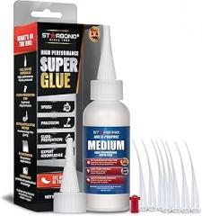 Starbond Medium Super Glue Pro Kit (2 oz) – Strong, Fast, All-Purpose CA Glue (Cyanoacrylate Adhesive) – with Anti-Clog Cap, Precision Tips & Extra Nozzles for Woodworking, Quick Fixes & Hobby Models