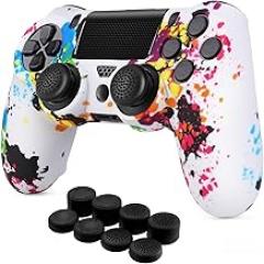 TNP for PS4 Controller Skin Cover Case - Camo Protective Soft Silicone Gel Rubber Shell & Anti-Slip Thumb Grip Caps Compatible with PlayStation Slim/Pro Controller (Splash)