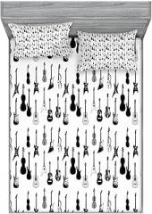 Ambesonne Music Fitted Sheet & Pillow Sham Set, Monochrome Strings Various Types Acoustic and Electronic Guitar Cello Violin, Decorative Printed 6 Piece Bedding Decor Set, Full, White and Charcoal