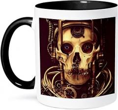 3dRose, Dark fantasy machine skull and mechanical, electronic gear art, 11oz Two-Tone Black Mug