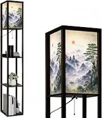 Floor Lamp with Shelves Misty Mountain Landscape Pine Tree Rising Sun Birds Traditional Ink Standing Tall Lamp USB Ports & Power Outlet Modern Corner Lamp Nightstand Light for Living Room Bedroom