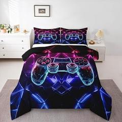 Gamer Bedding Sets Full Size,3D Gamepad Neon Light Geometric Reversible Down Comforter Breathable Polyester Quilt Set,Video Game Controller Gaming Lover Duvet Insert,2 Pillowcases