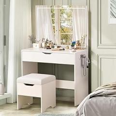 VECELO Vanity Desk Set with LED Lighted Mirror & Power Outlet, Makeup Table with Large Drawer, Storage Stool and Hair Dryer Stand, for Bedroom, White