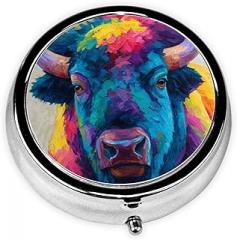 Colorful Cow Animal Round Pill Case, Portable Pill Box for Pocket Metal Medicine Vitamin Organizer 3 Compartment Three Times A Day