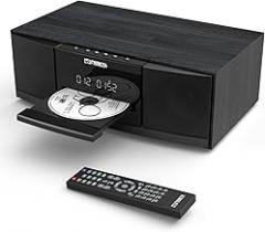 Vintage Bluetooth Stereo System for Home, THINKYA 36W RMS Micro HiFi Systems CD Player Dual 3” Bass with Bluetooth Audio Streaming, FM Radio, USB Port, Aux-in, Earphone Port, Remote Control Black