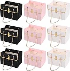 HOMOCONO Handheld Paper Bags Set of 9 (3 White, 3 Pink, 3 Black) 15X10X10.5Cm with Handles for Floral Packaging, Travel Storage, Document and Electronics Carrying