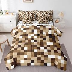 Castle Fairy Pixel Block 7 Piece Bedding Set King Size,Brown Video Games Comforter & Sheet Sets Miner Theme Bed in a Bag Geometric Patchwork Flat & Fitted Sheets,4 Pillow Covers