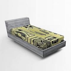 Ambesonne Hip Hop Fitted Sheet, Electronic Music Devices as Turntable Headphones Speaker for Recording, Bed Cover with All-Round Elastic Deep Pocket for Comfort, Twin XL Size, Pale Yellow and Black