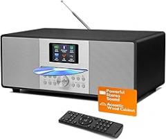 MS4+ CD Player I FM Radio I HiFi System I Bluetooth I Powerful Stereo System I Acoustic Wood Cabinet I CD Player with Speakers I 40 Presets,Headphone Jack I Metallic Black Finish