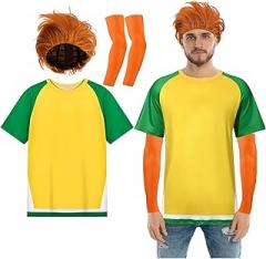 GANSHAYA Halloween Hotel Costume Kit Include Short Orange Cosplay Wig and Yellow and Green T Shirts