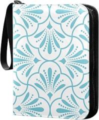 Blue and White Geometric Leaves Card Binder for Trading Cards, 4 Pocket with 50 Sleeves up to 400 Cards, Double Sided Pockets Card Holder Carry Case for Baseball Card, Football Card, Gaming Cards