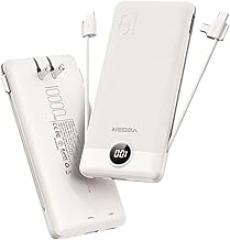 VEGER Portable Charger with Built-in AC Plug and Cables, All in One 10000mAh Ultra Slim Power Bank Travel Essentials, 15W Fast Charging Battery Pack Compatible with iPhone, Samsung, Android (Coffee)